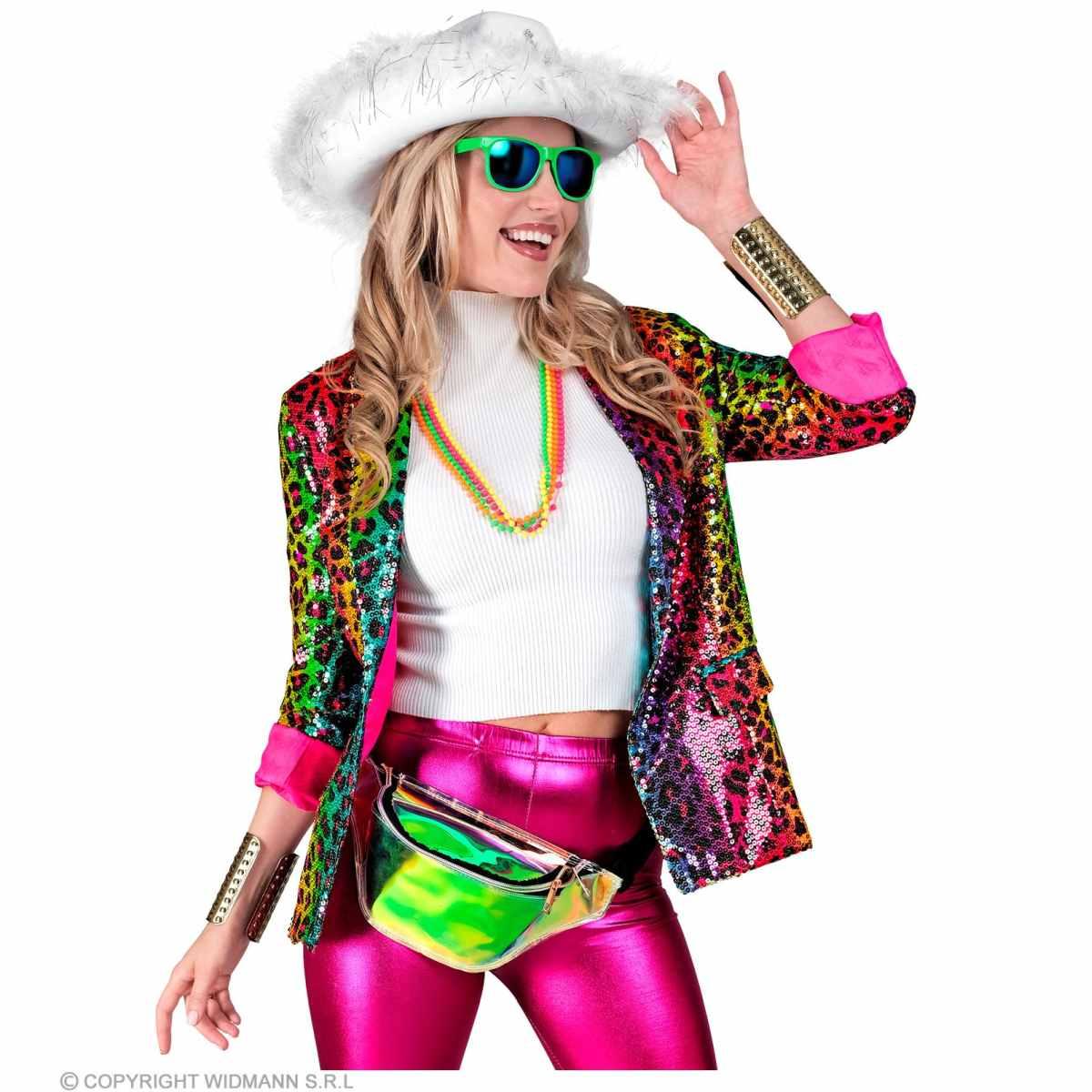 Giacca party disco animalier leopardata arcobaleno paillettes