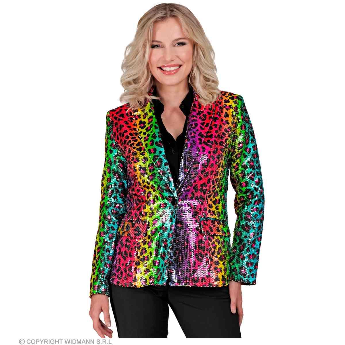 Giacca party disco animalier leopardata arcobaleno paillettes