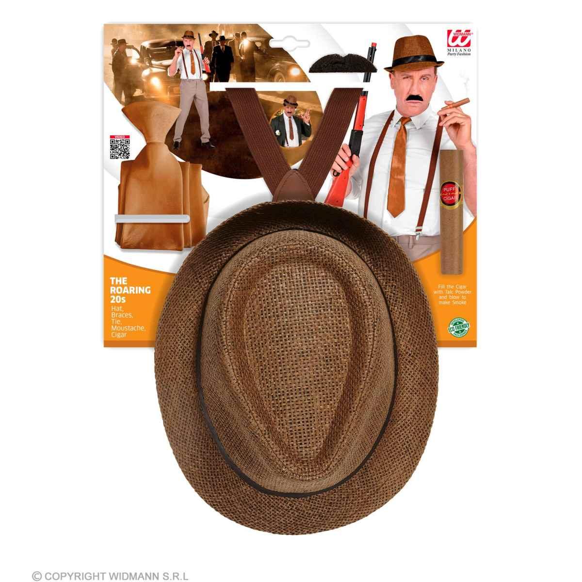 Cappello anni 20 bretelle cravatta baffi sigaro Set 5 pz