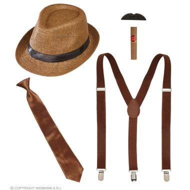 Cappello anni 20 bretelle cravatta baffi sigaro Set 5 pz