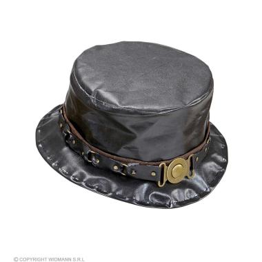 Cappello cilindro nero similpelle banda decorata