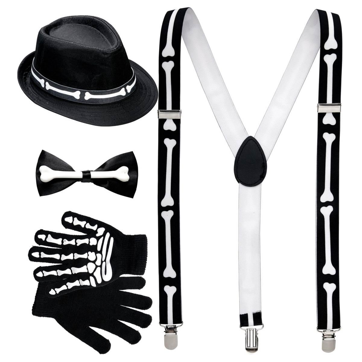 Scheletro bretelle papillon guanti cappello Set 4 pz
