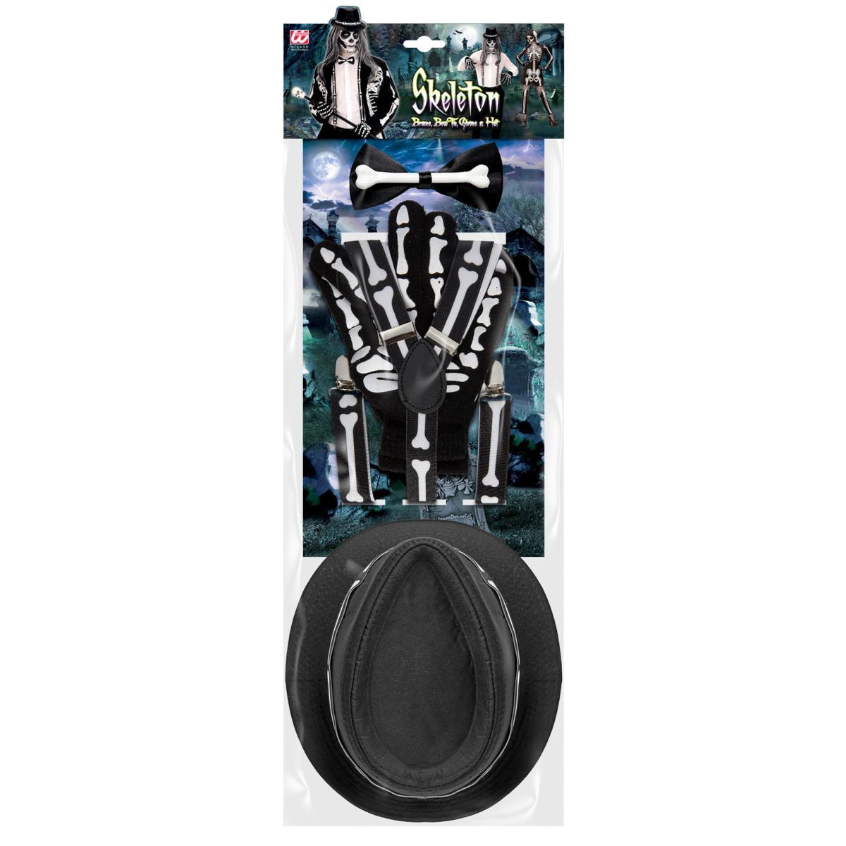 Scheletro bretelle papillon guanti cappello Set 4 pz