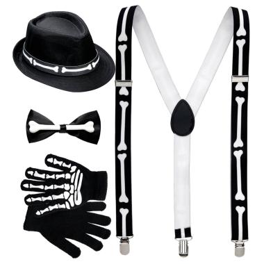 Scheletro bretelle papillon guanti cappello Set 4 pz