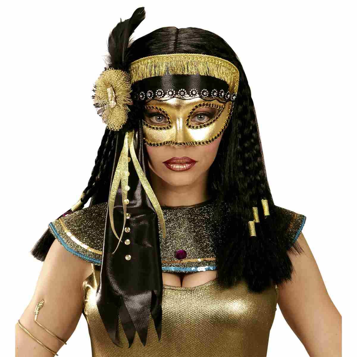 Maschera viso pvc oro piume nastri neri
