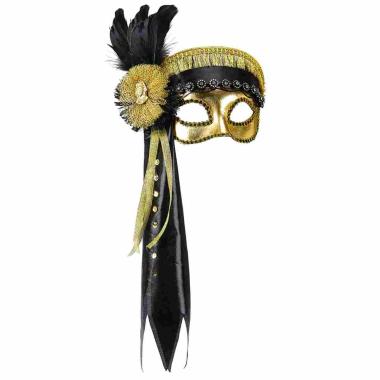 Maschera viso pvc oro piume nastri neri