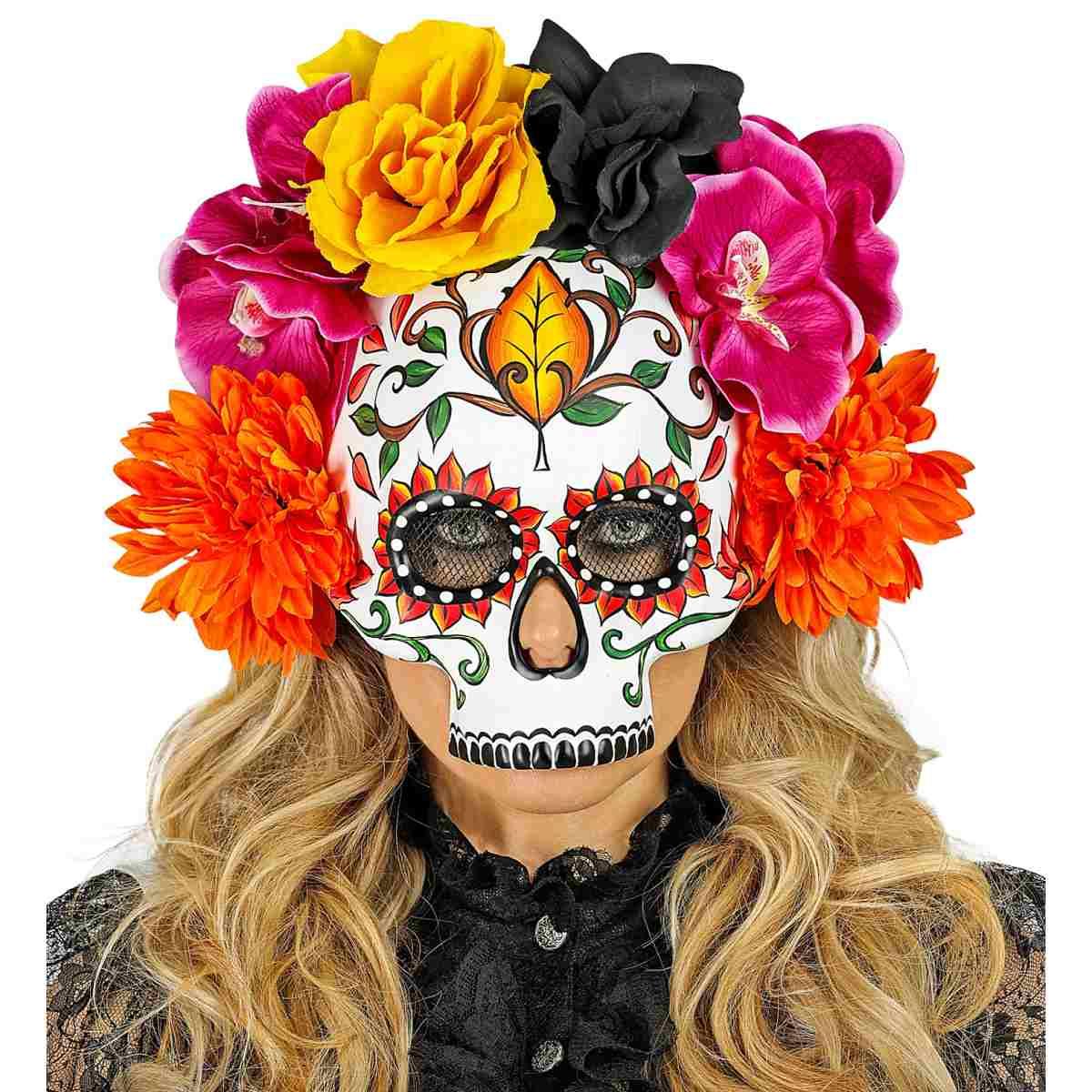 Maschera viso pvc horror dia de los muertos fiori mezzo viso