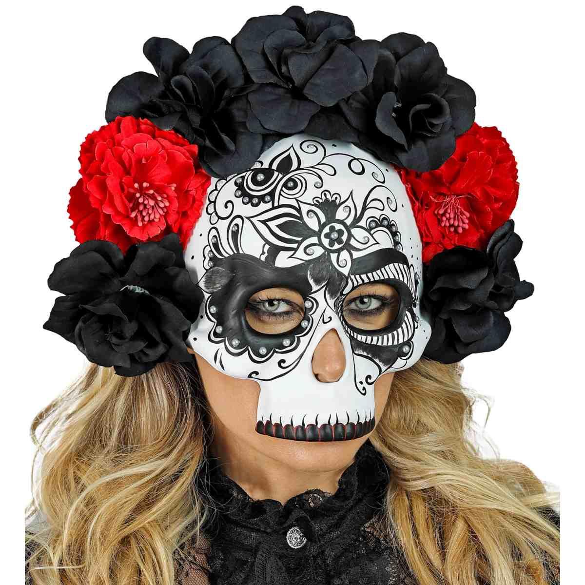 Maschera viso pvc horror dia de los muertos fiori mezzo viso
