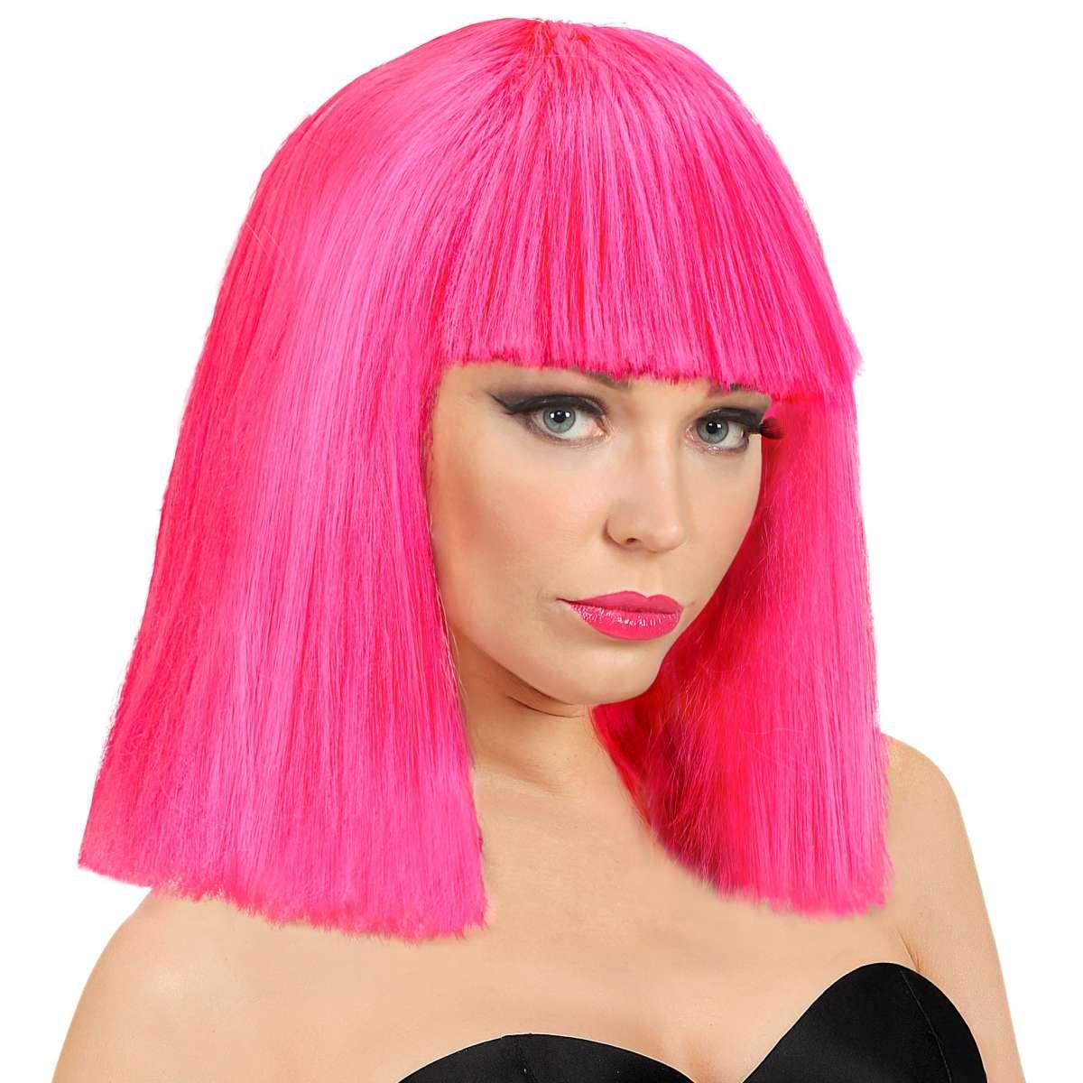 Parrucca caschetto rosa fluo liscia frangia show girl