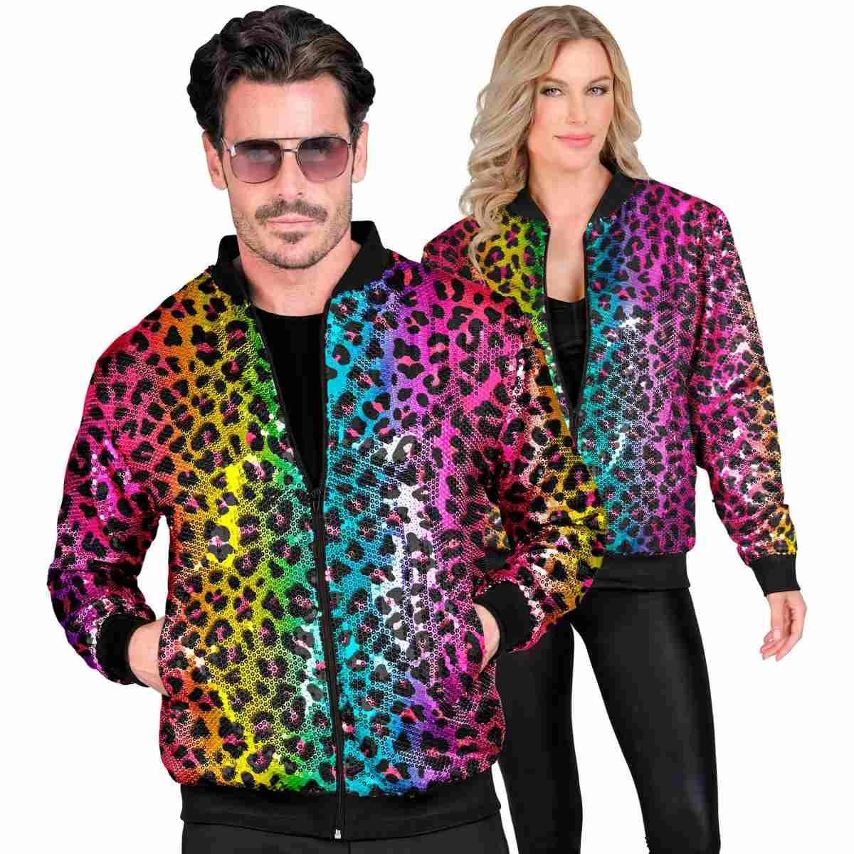 Giubbino bomber party disco leopardato animalier arcobaleno