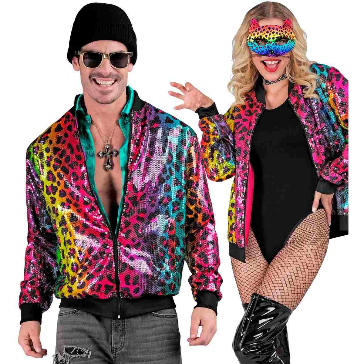 Giubbino bomber party disco leopardato animalier arcobaleno