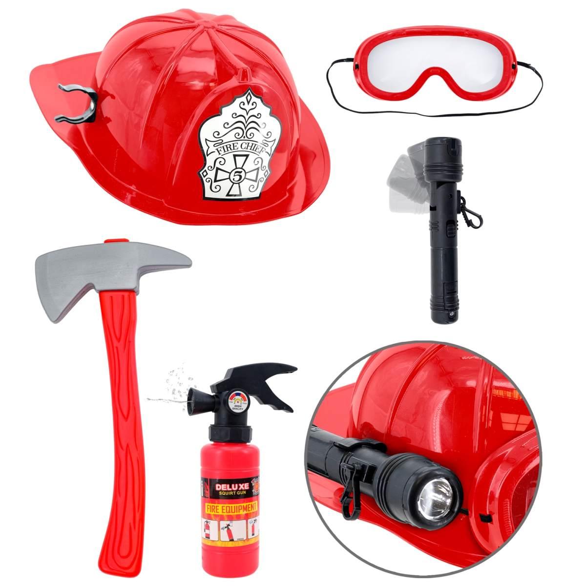 Casco pompiere occhiali ascia estintore