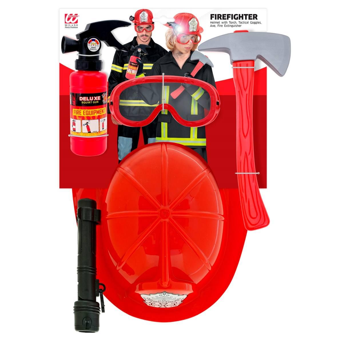 Casco pompiere occhiali ascia estintore