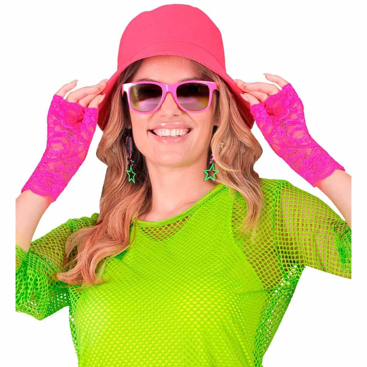 Guanti corti pizzo rosa fluo