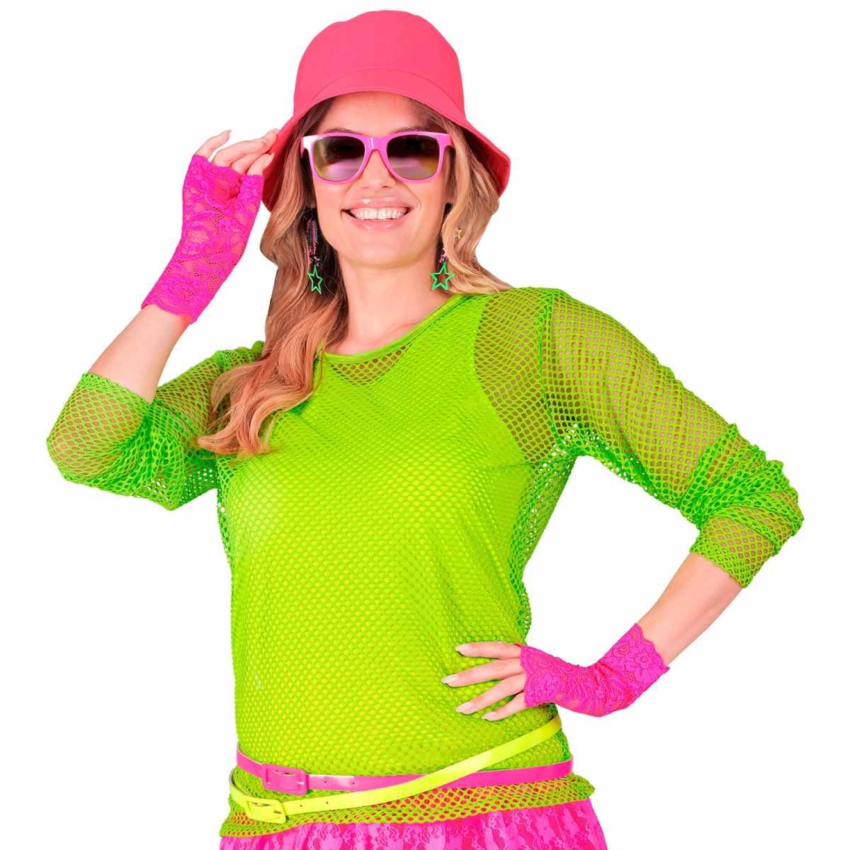 Guanti corti pizzo rosa fluo