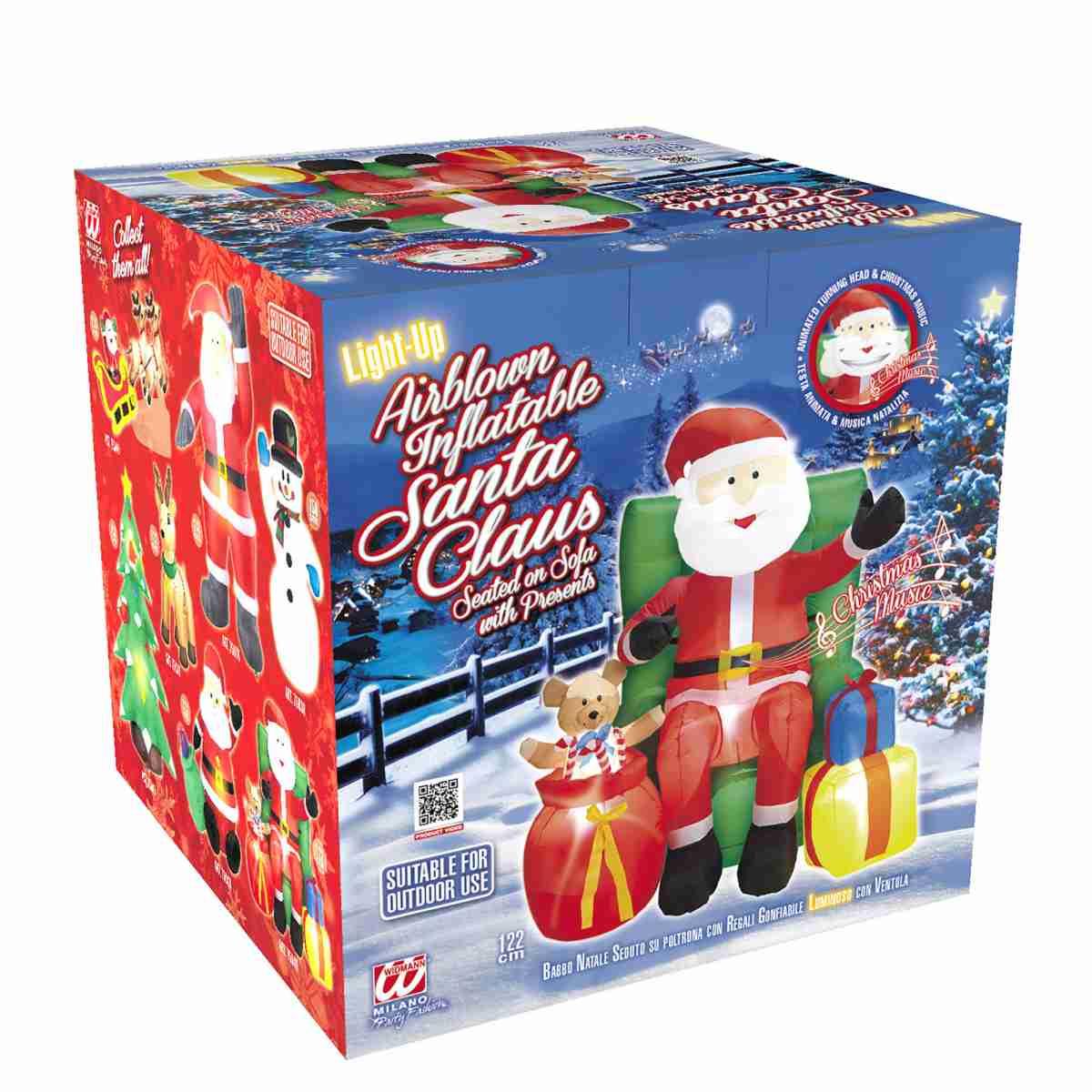 Decorazione natalizia babbo natale gonfiabile seduto regali 122 cm