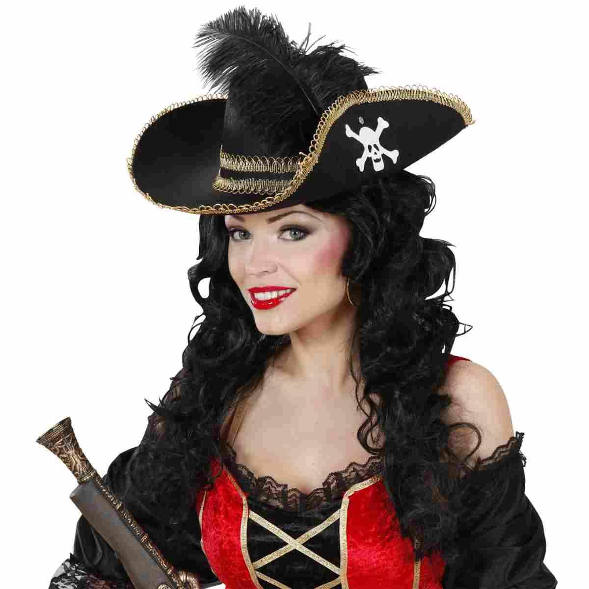 Cappello pirata nero teschio piuma
