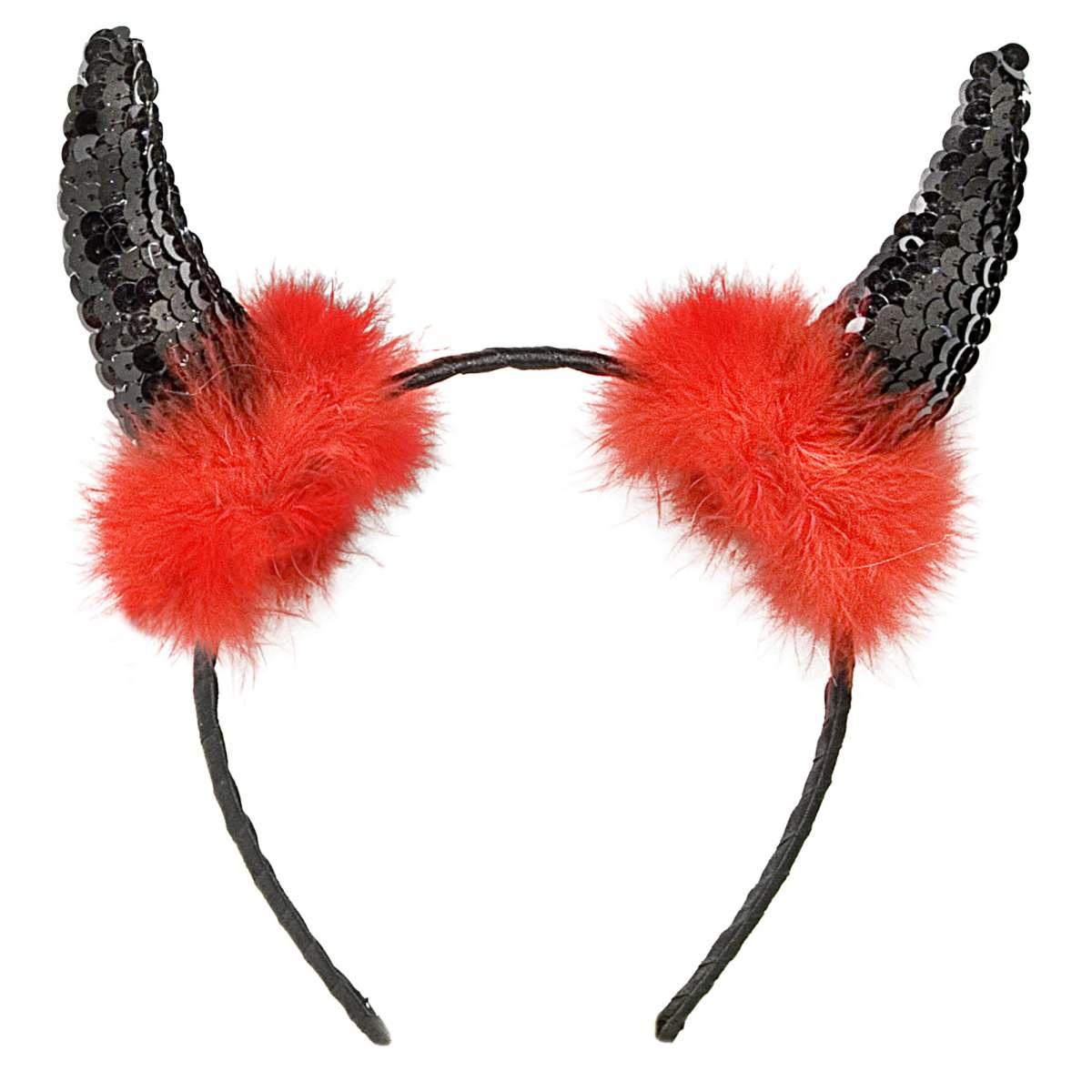 Cerchietto corna diavolo paillettes nere marabou rosso