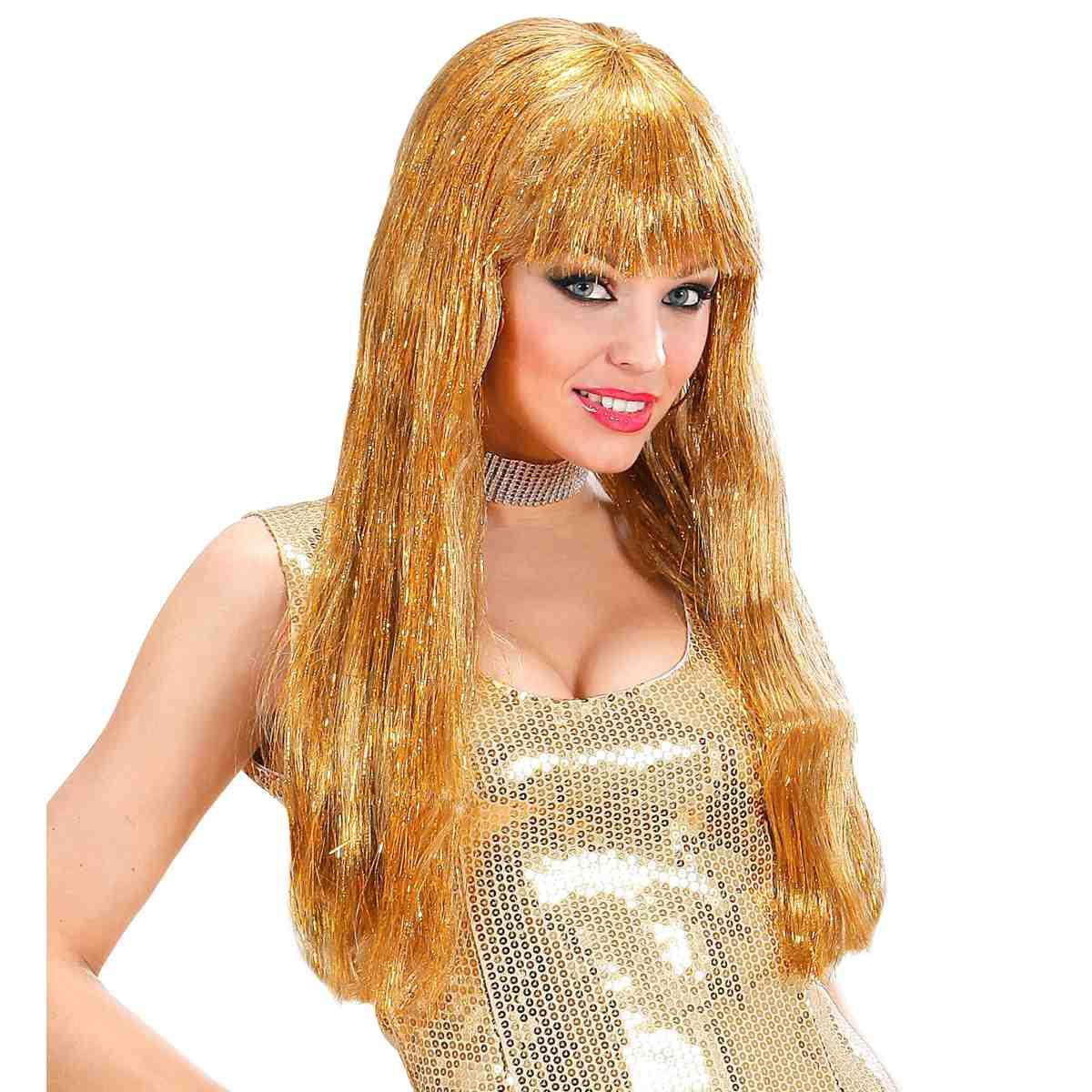 Parrucca glitzy oro laminiata liscia frangia