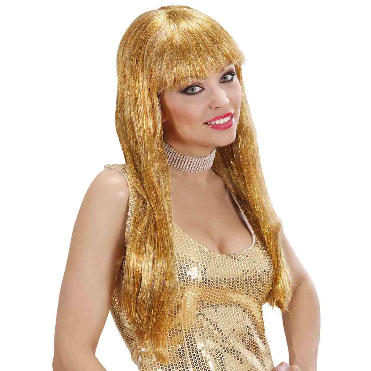 Parrucca glitzy oro laminiata liscia frangia
