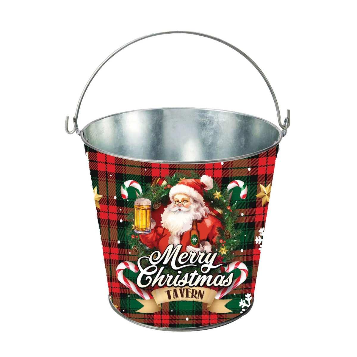 Secchiello natalizio metallo tartan scritta 19 x 23 cm