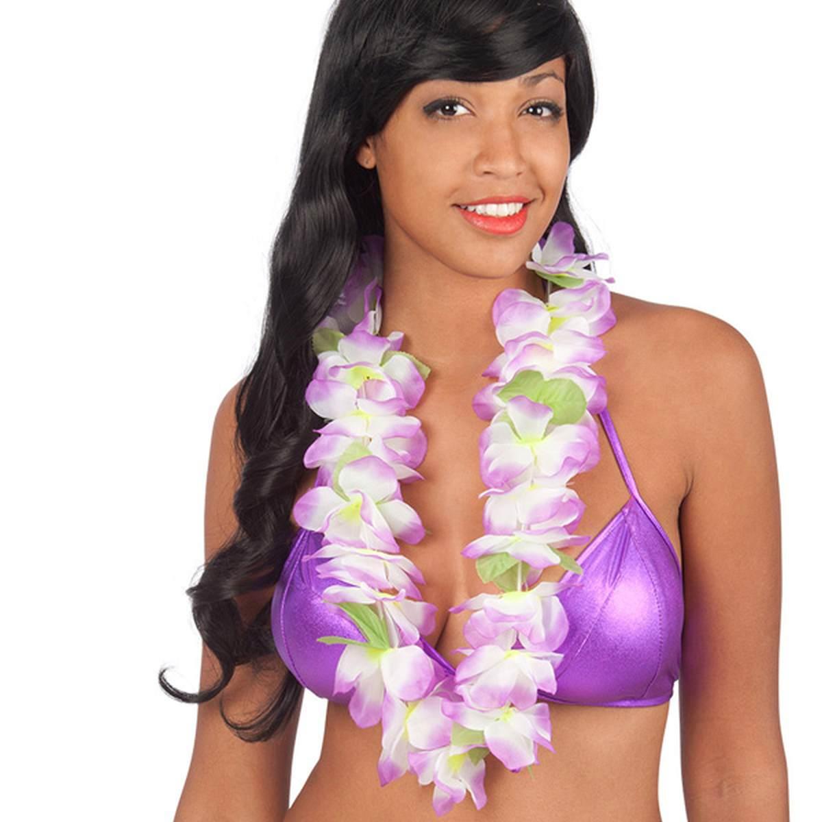 Collana hawaii fiori lilla in tessuto