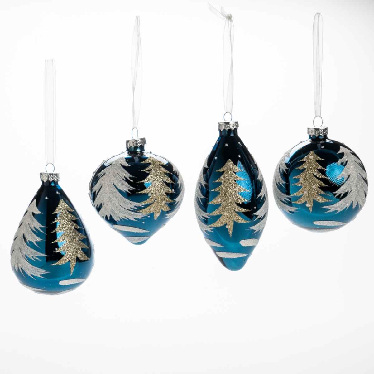 Pallina natalizia vetro blu albero oro 12 cm