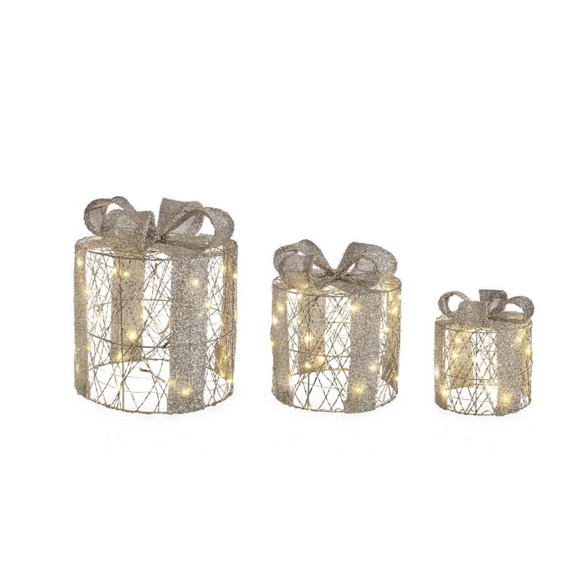 Luci di natale esterno 90 led pacco regalo tondo argento bianco caldo Set 3 pz