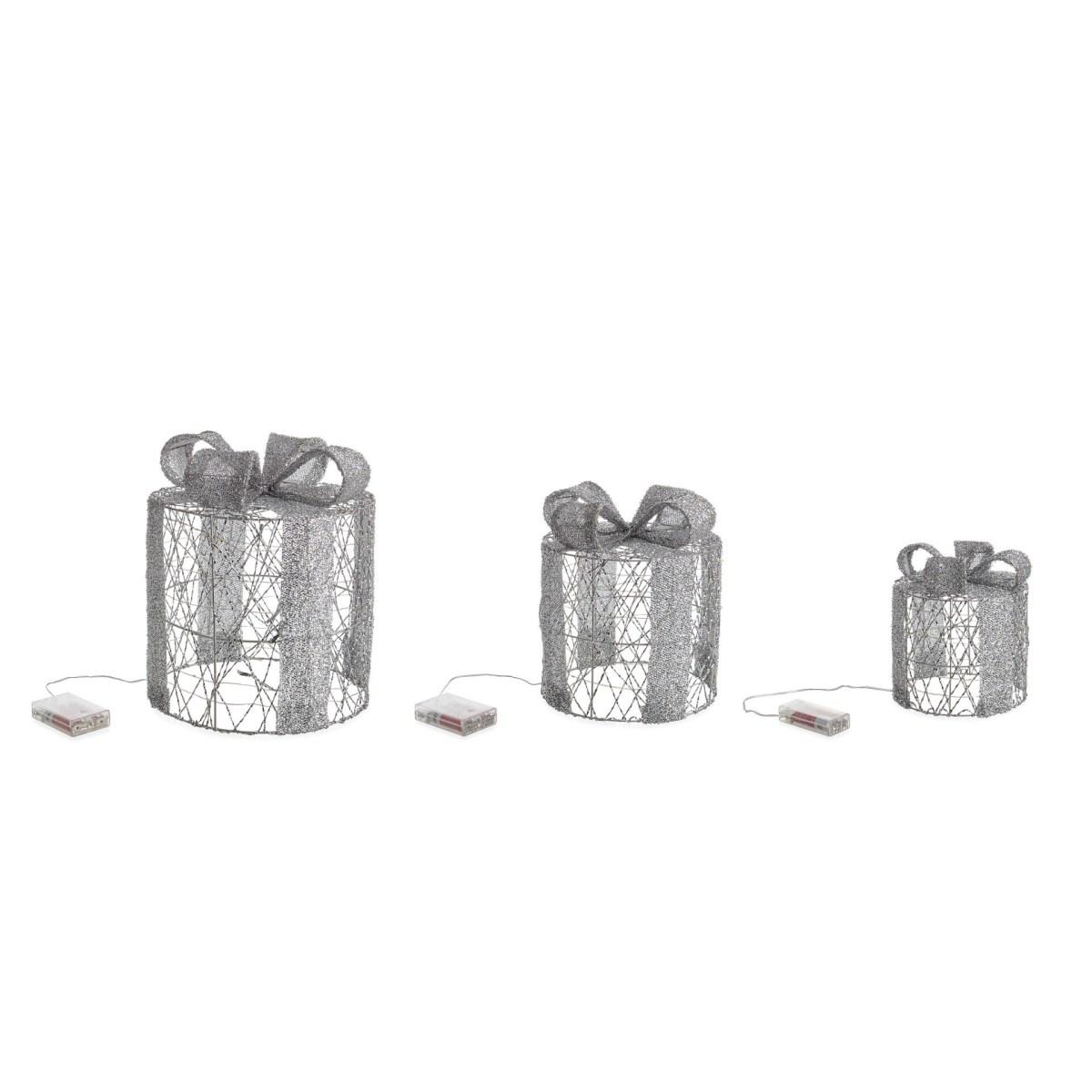 Luci di natale esterno 90 led pacco regalo tondo argento bianco caldo Set 3 pz
