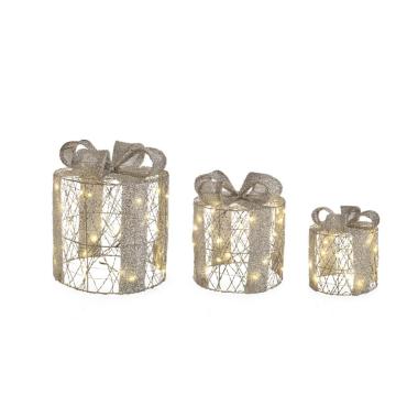 Luci di natale esterno 90 led pacco regalo tondo argento bianco caldo Set 3 pz