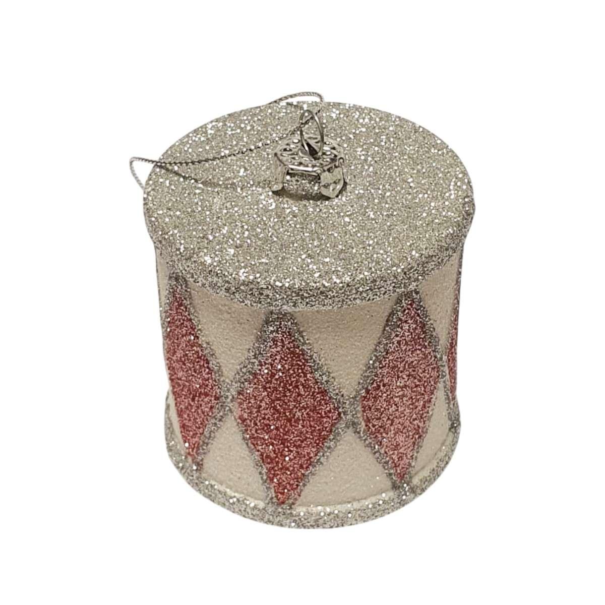 Pallina natalizia pvc tamburo circus rosa argento 10 cm