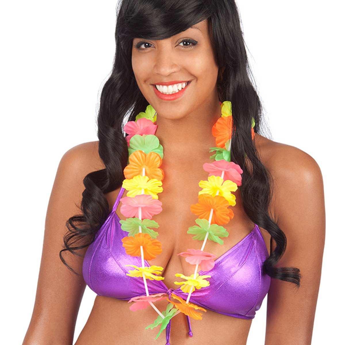 Collana hawaii fiori in tessuto multicolor fluo