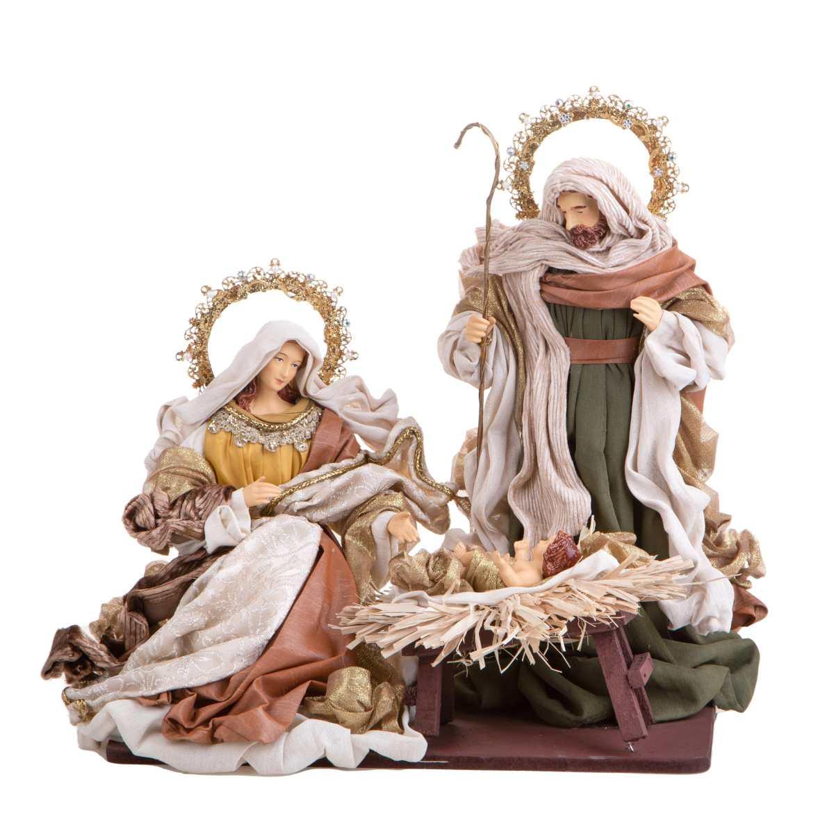 Statua presepe 36 cm natività abiti tessuto base