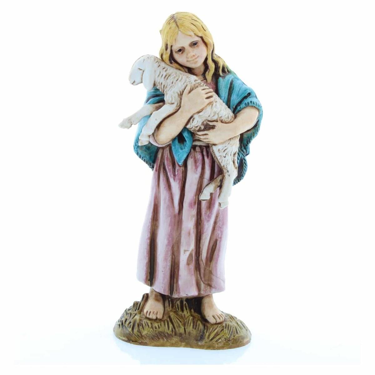 Statua presepe 12 cm bambina zingarella agnello
