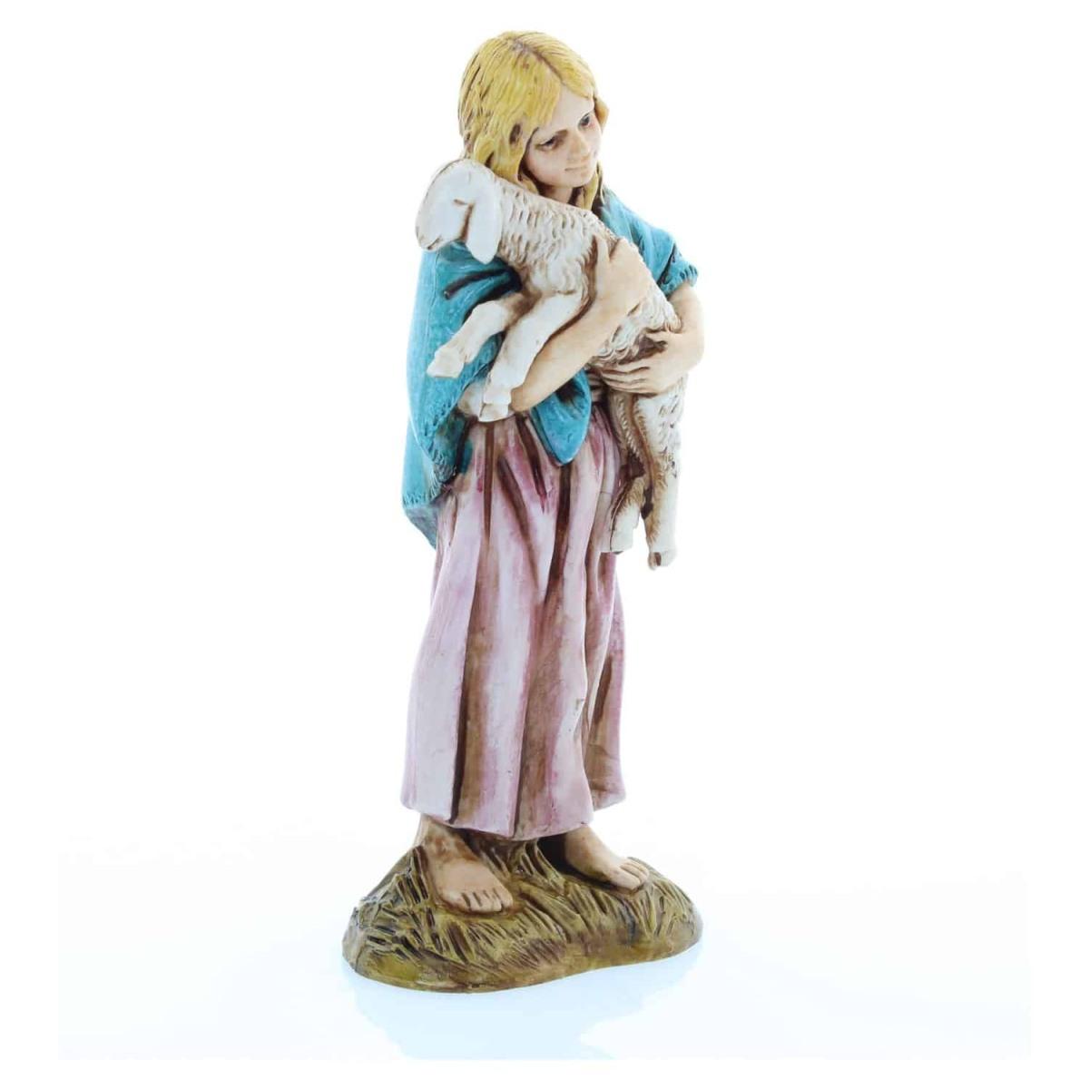 Statua presepe 12 cm bambina zingarella agnello