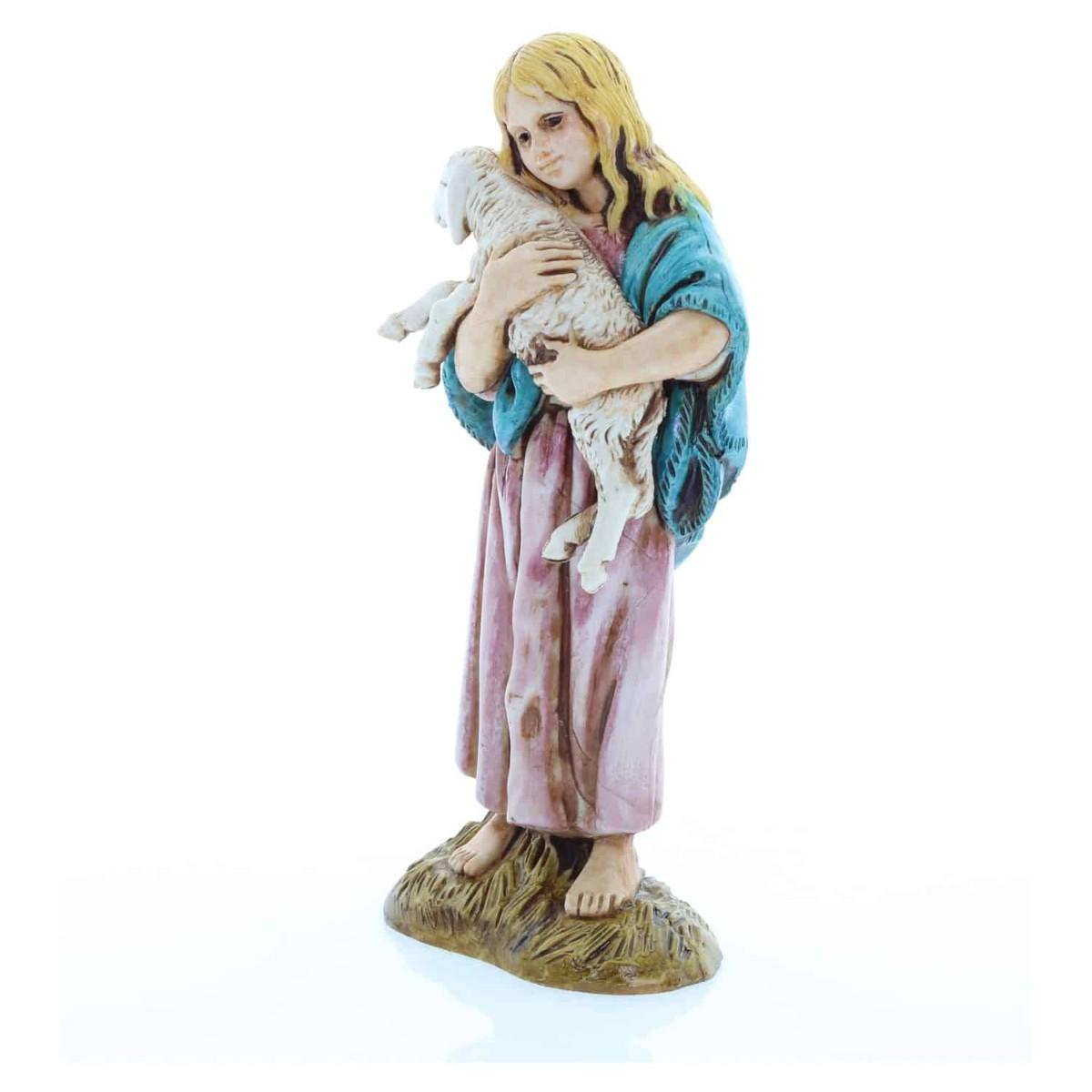 Statua presepe 12 cm bambina zingarella agnello