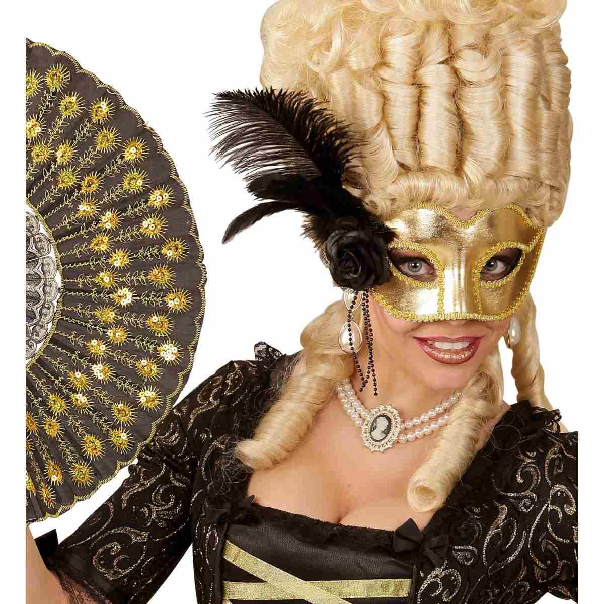 Maschera viso pvc veneziana oro piuma rosa nera