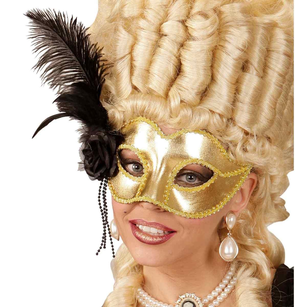 Maschera viso pvc veneziana oro piuma rosa nera