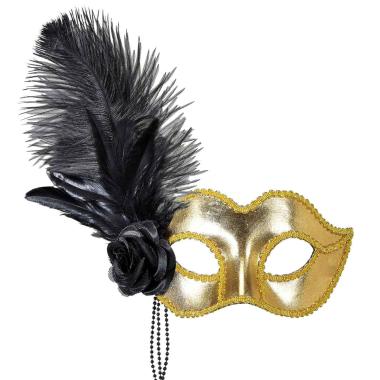 Maschera viso pvc veneziana oro piuma rosa nera
