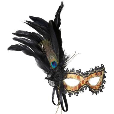 Maschera viso pvc veneziana oro tartaruga piuma rosa