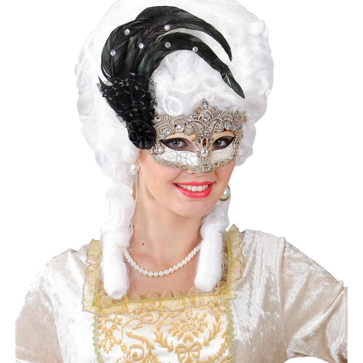 Maschera viso pvc veneziana oro piuma macrame