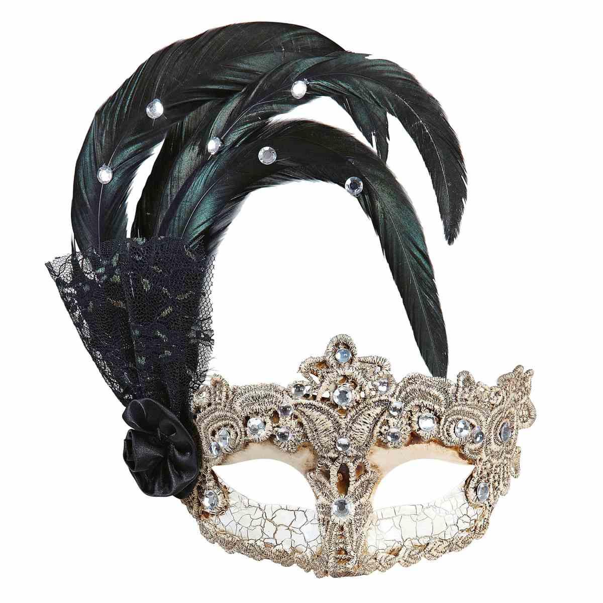 Maschera viso pvc veneziana oro piuma macrame