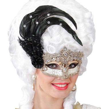 Maschera viso pvc veneziana oro piuma macrame