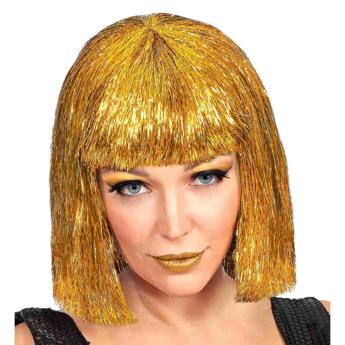 Parrucca caschetto glitzy oro laminiata liscia frangia