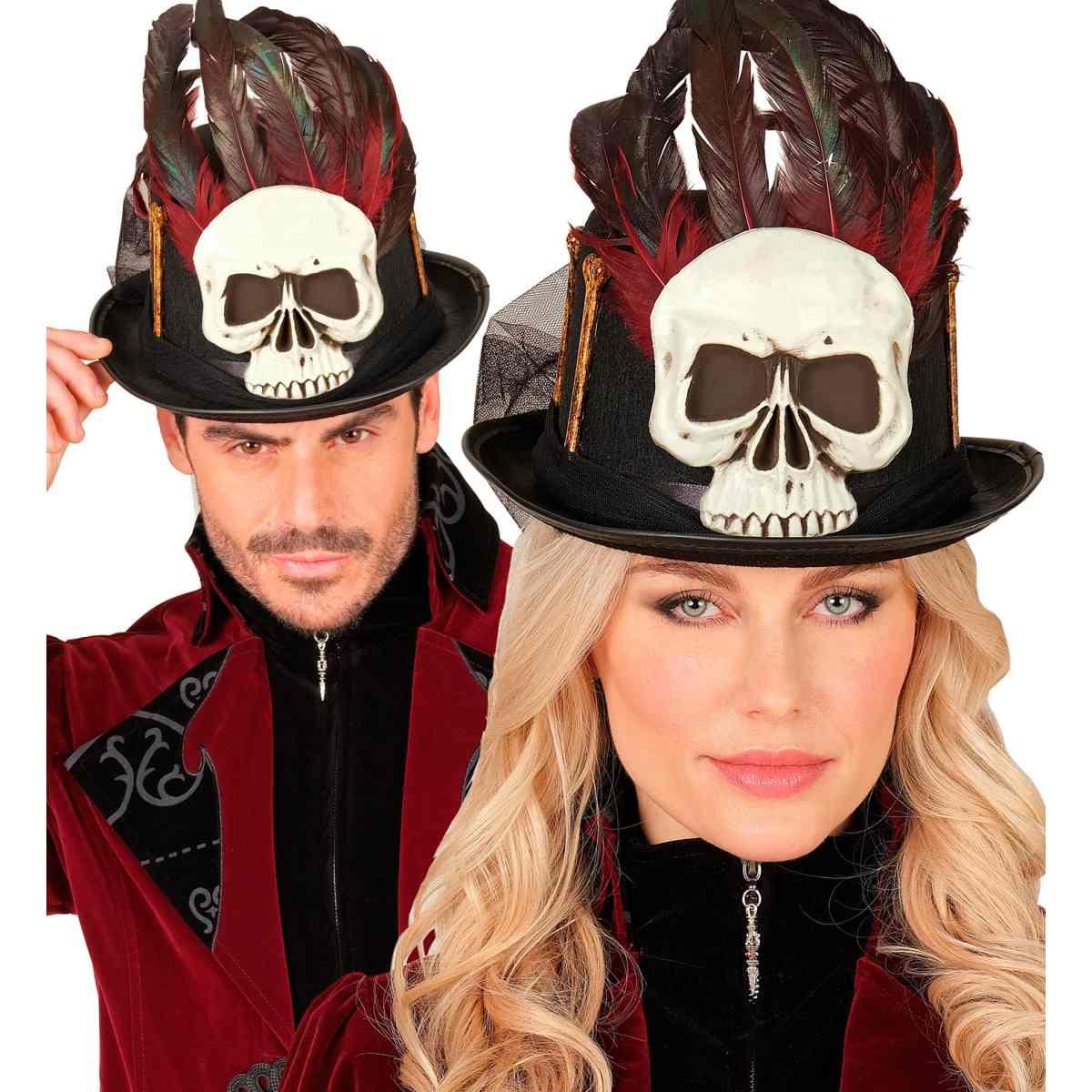 Cappello cilindro nero voodoo teschio piume