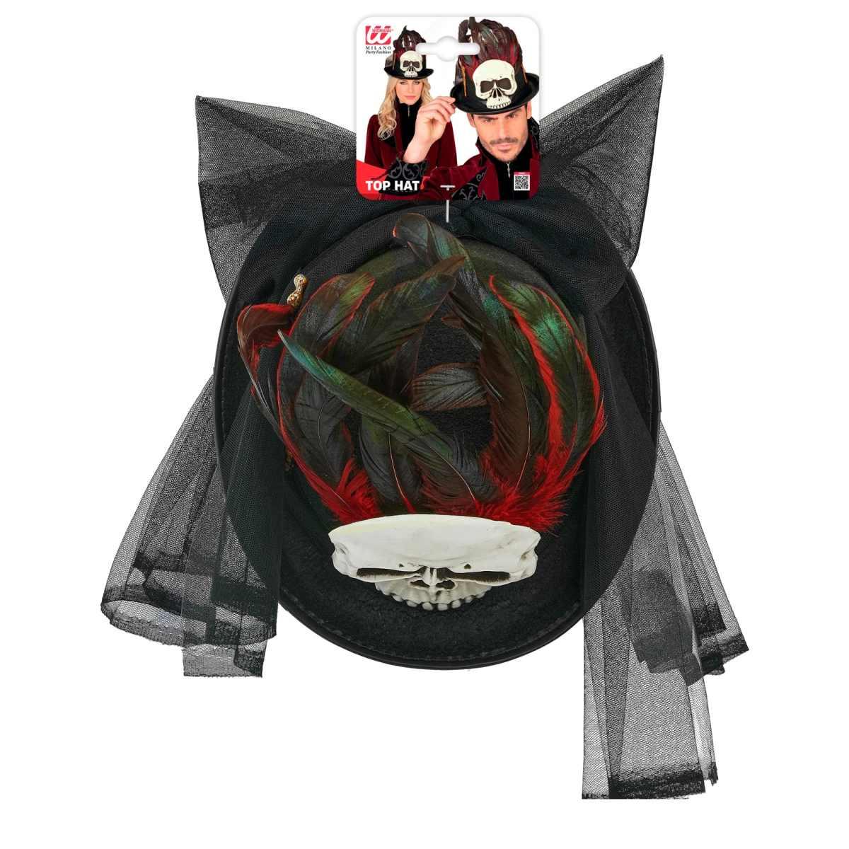 Cappello cilindro nero voodoo teschio piume