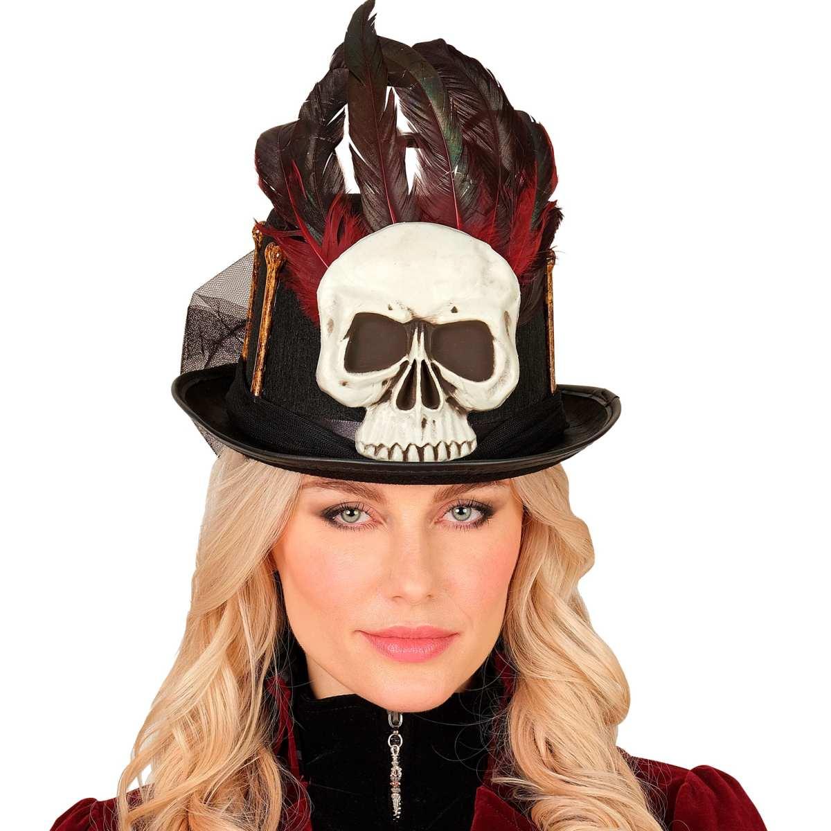 Cappello cilindro nero voodoo teschio piume
