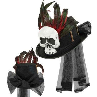 Cappello cilindro nero voodoo teschio piume