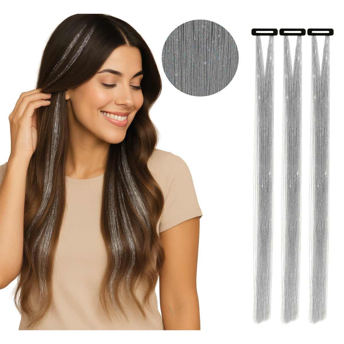 Extension capelli argento glitter Set 3 pz