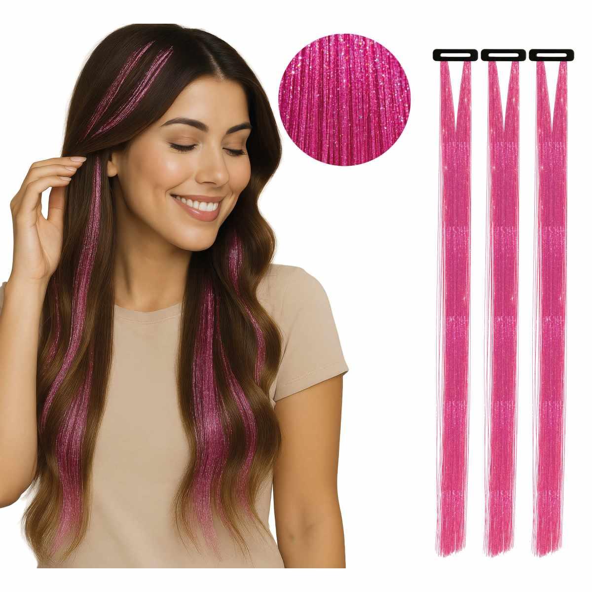 Extension capelli rosa glitter Set 3 pz